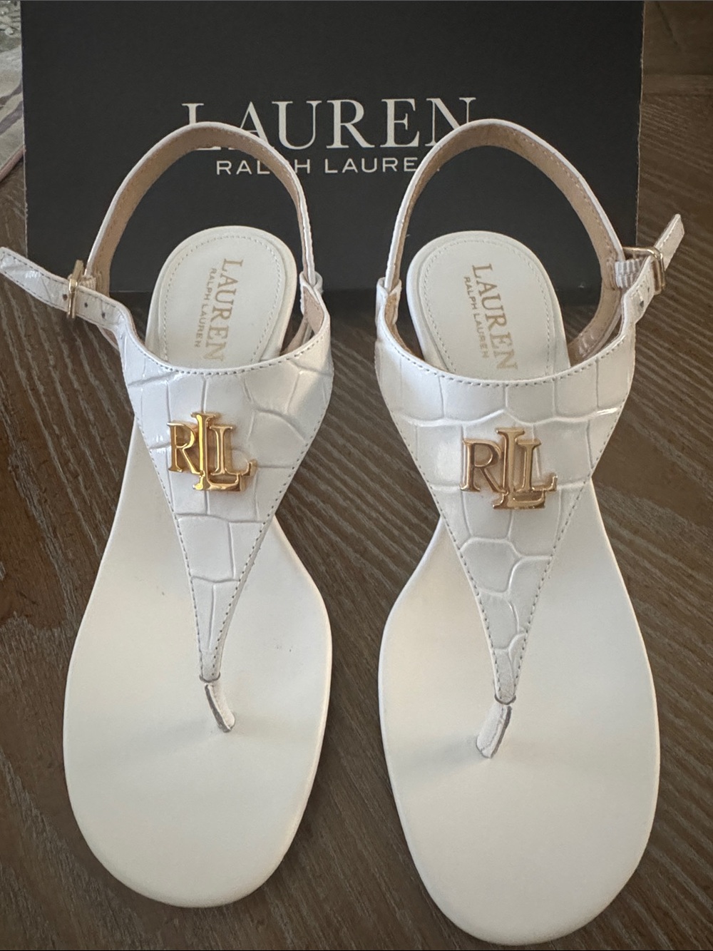 Lauren Ralph Lauren White Croc-Texture Slingback Thong Sandals with Gold RLL